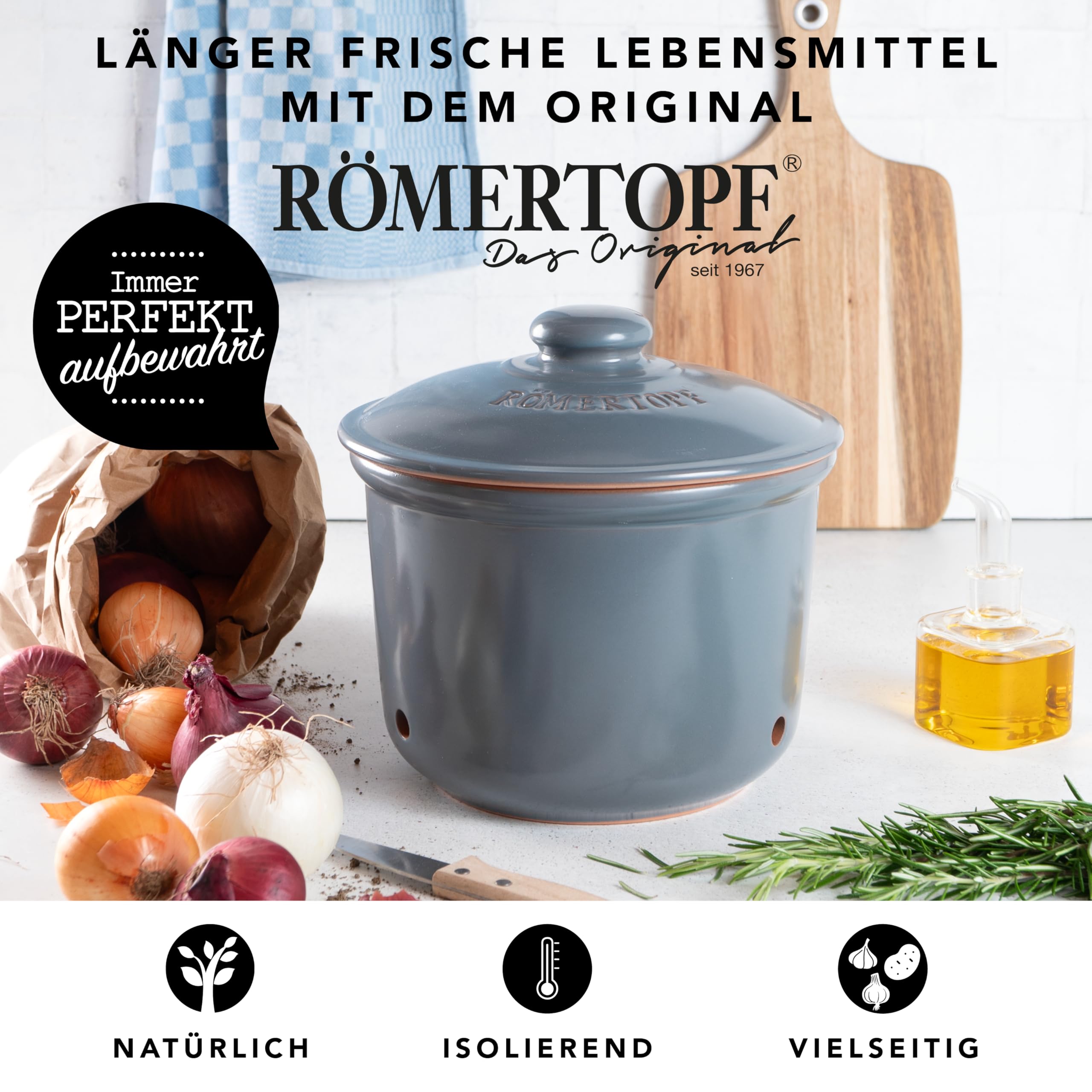 Römertopf MAXI – Olla de cerámica para cebollas y verduras, 2,8 L, transpirable y ventilada, base esmaltada, apta para lavavajillas, gris y azul