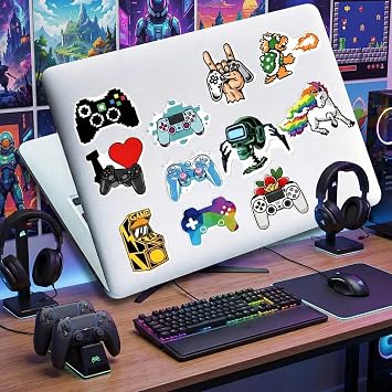 Gaming Controller Stickers Pack – 50 Pcs Waterproof Vinyl Gamepad Stickers for Kids and Teens – Cartoon Gaming Decals for Water Bottles, Laptop, Phone, Skateboard and Travel Case