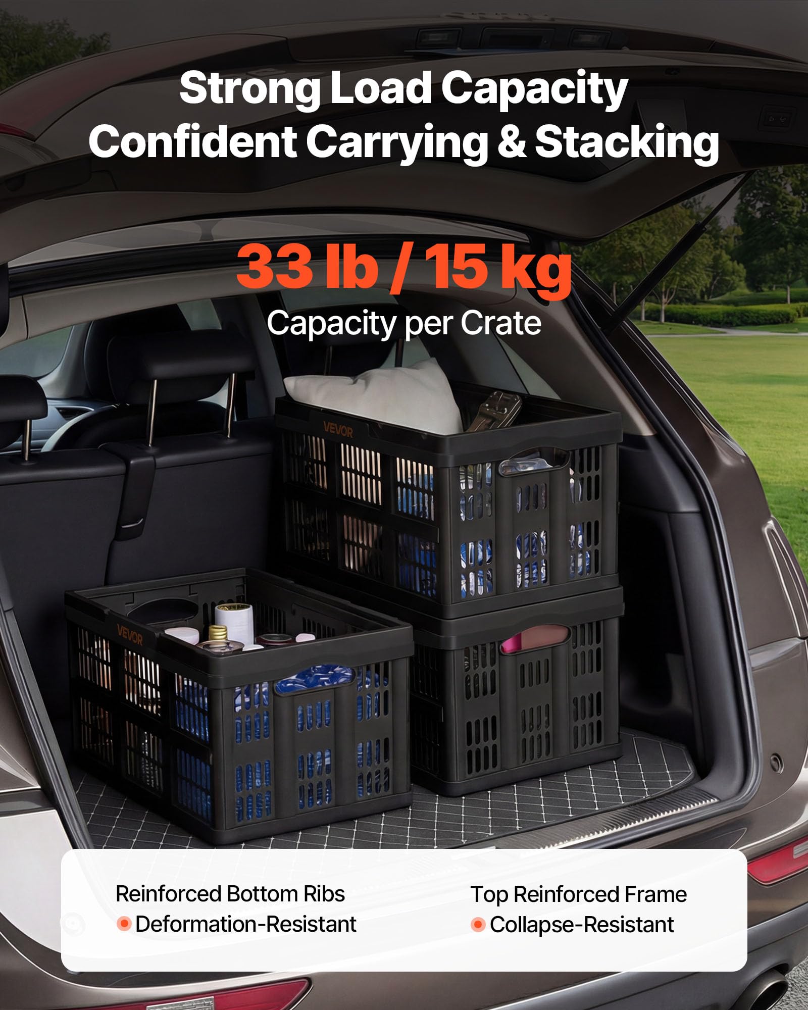 VEVOR Składana skrzynka z tworzywa sztucznego 45 l, zestaw 3 sztuk, składana skrzynia z uchwytami, maksymalne obciążenie 15 kg na skrzynkę, pojemnik do przechowywania do domu, na kemping, samochód i