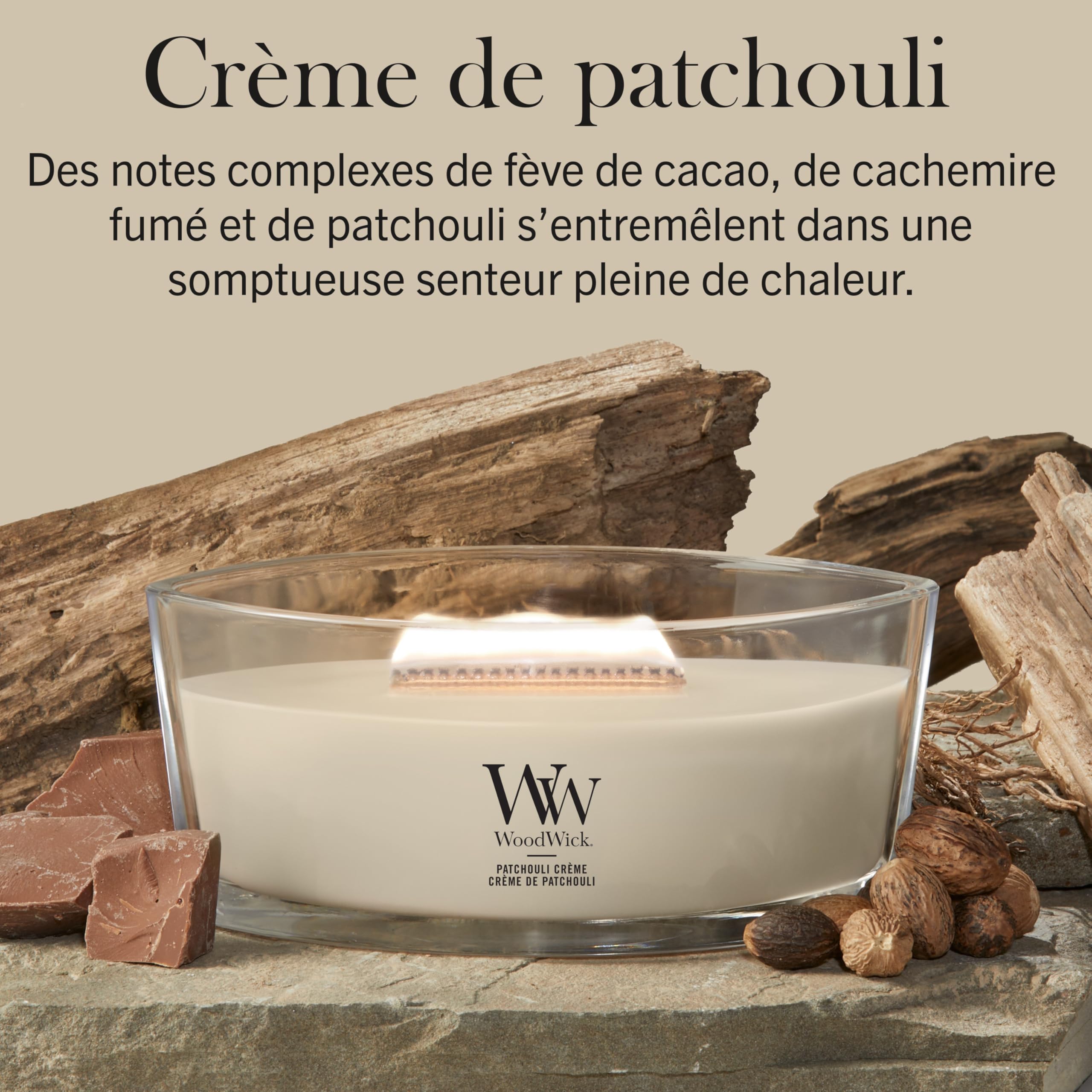WoodWick Bougie parfumée avec mèche crépitante | Bougie Ellipse Patchouli Crème | Bougies à combustion longue : Jusqu’à50pk heures de combustion | Le cadeau parfait pour les femmes