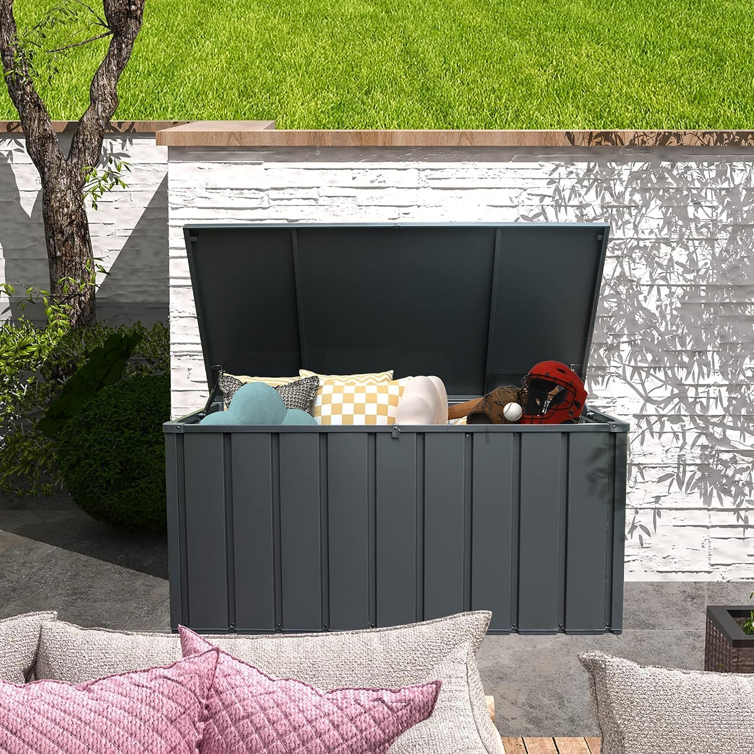Domi Outdoor Storage Deck Box 100 Gallon Waterproof, Lockable Large Patio Storage Bin for Outside Cushions, Garden Tools (Dark Grey)