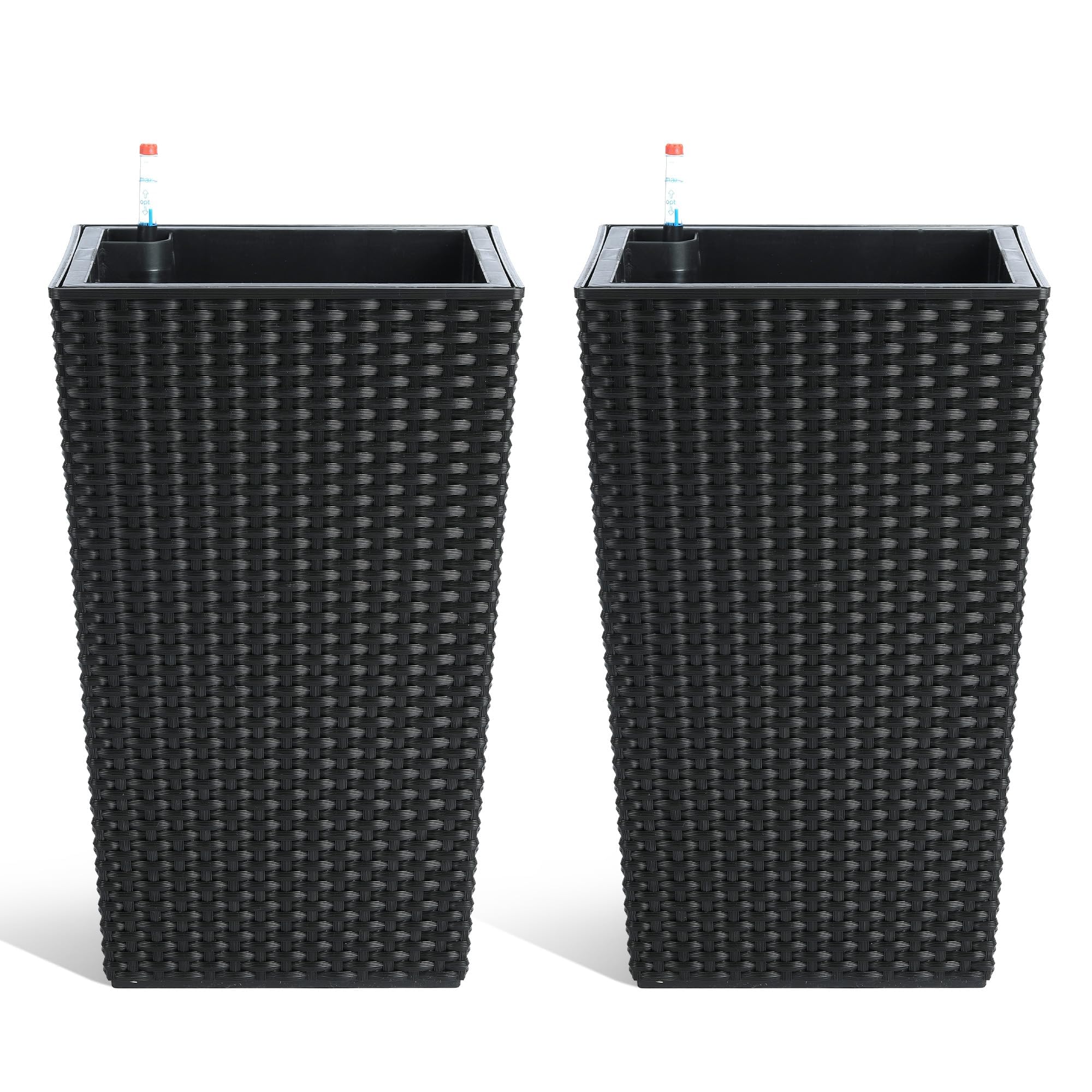 Garvee Lot de 2 Grands Pots de Fleurs en rotin – Réservoir d'eau intégré, indicateur de Niveau, roulettes, soucoupes – Idéal intérieur/extérieurérieur, terrasse, Balcon, Bureau – Coloris : Noir