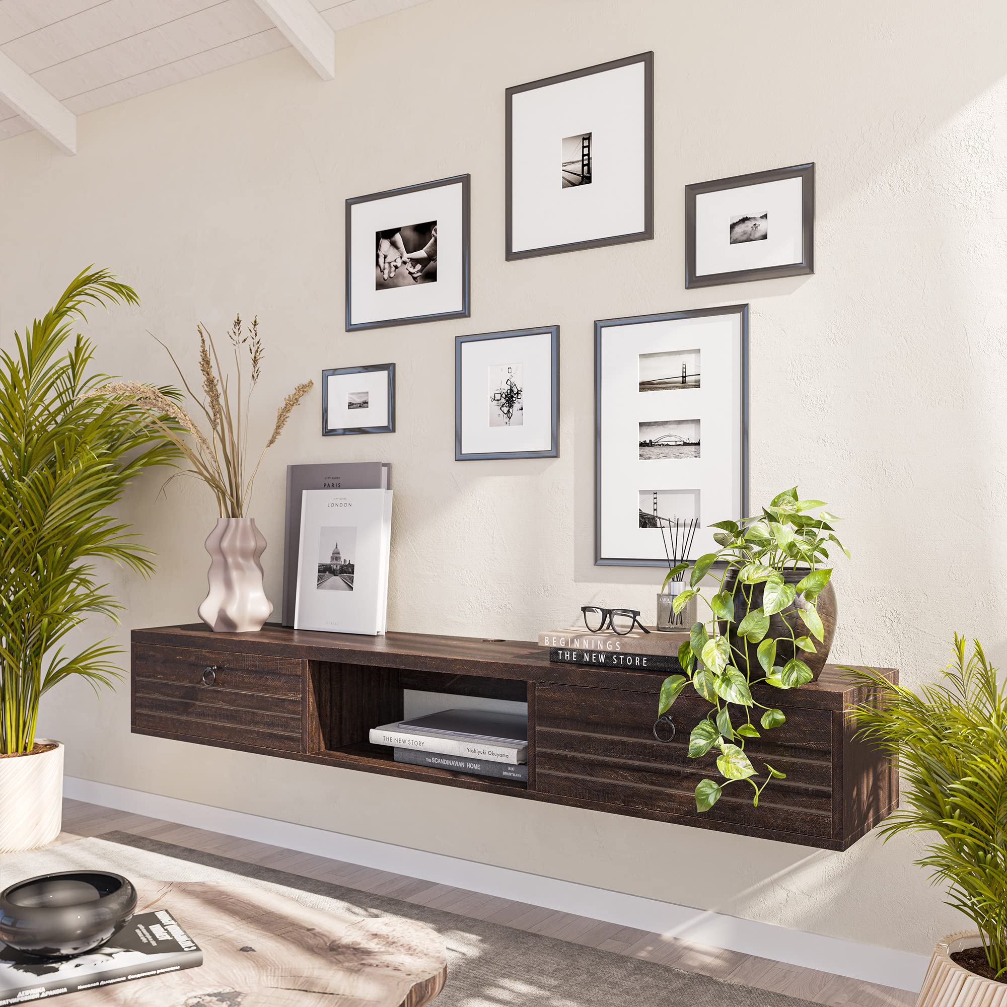 BELLEZE Modern Floating Wall Mounted 63 Inch TV Console with Built-in Shelf & Compartments, Space Saving Decorative Contemporary Media Storage, for Up to 100lbs - Langston (Espresso)