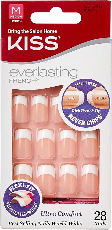 Kit de manicura francesa KISS Everlasting, uñas postizas sin astillas con tecnología Flexi-Fit, longitud media, estilo “perpetuo”; El kit contiene pegamento para uñas de gel rosa, minilima, barra de manicura y 28 uñas.