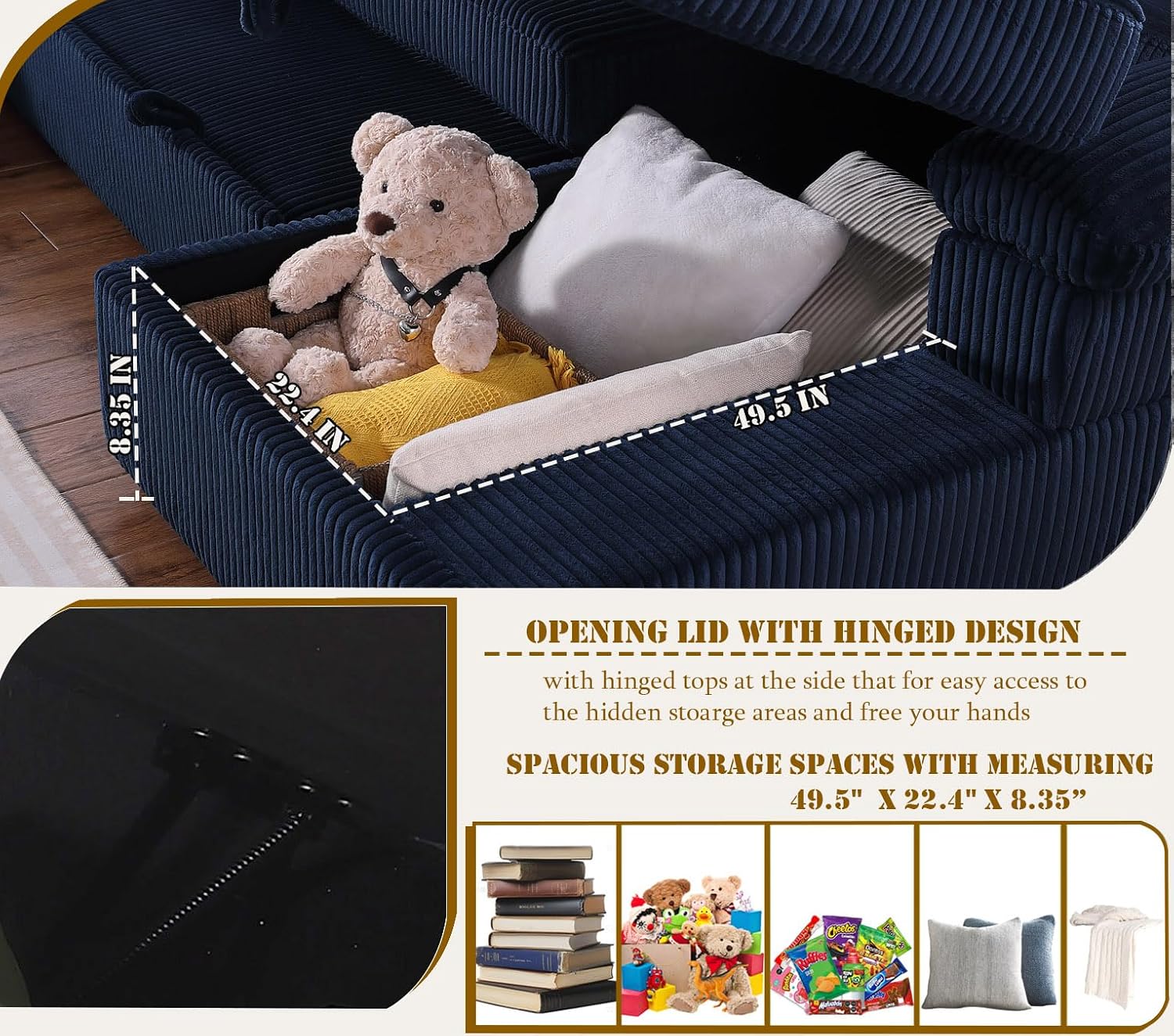 asunflower Corduroy Couch with Pull Out Bed 118" U Shaped Sleeper Sofa with Storage Chaise Navy Blue Plush Modular Sectional Sofa for Living Room Apartment 6-7 Seater Oversized Sofa Bed