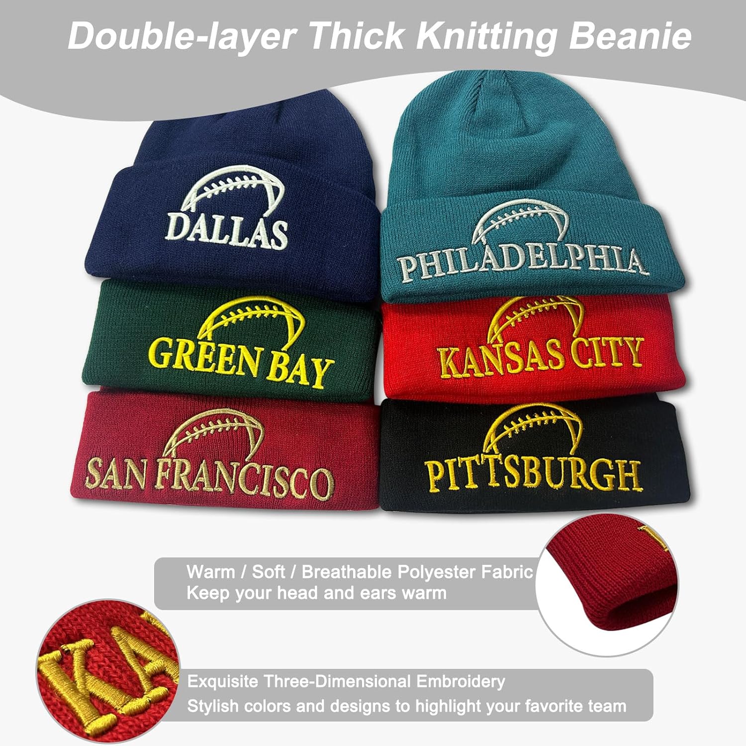 Football Winter Hat for Men Women Soft Stretch Knit Beanie Hat, Winter Cuffed Hat Skull Cap, Gifts for Football Fans - Image 2