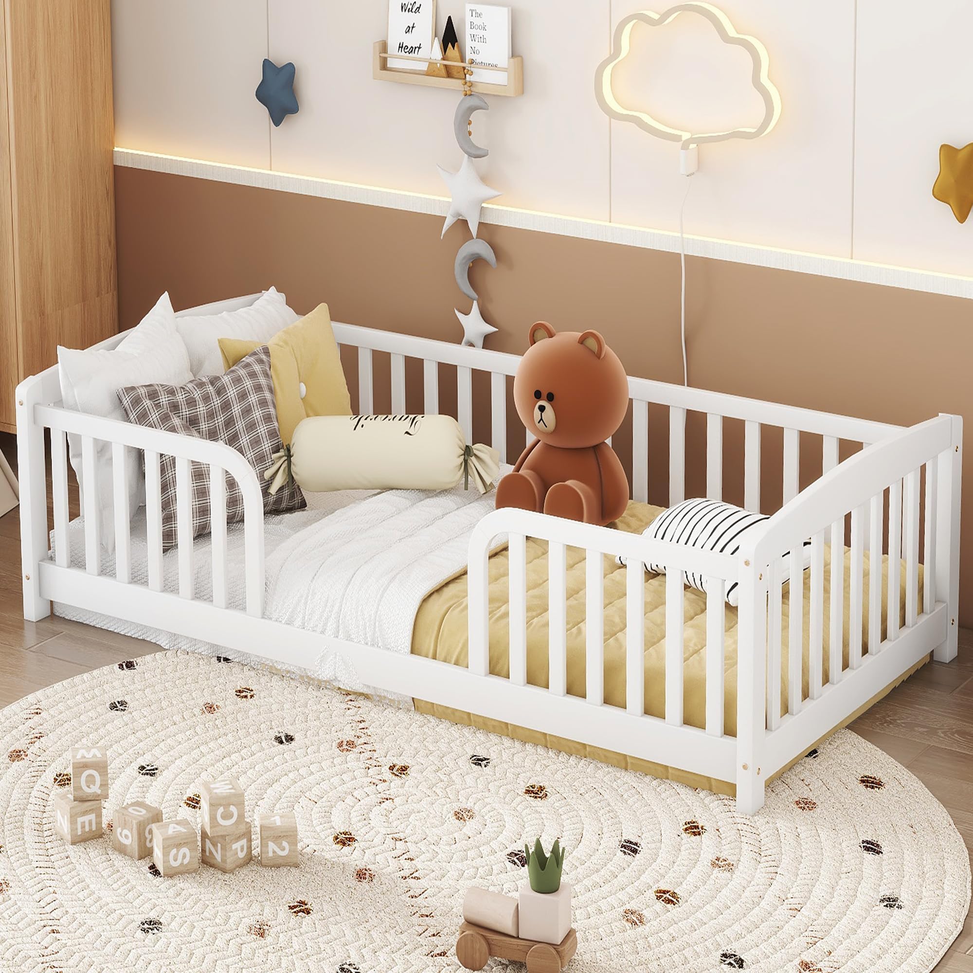 Bellemave Twin Floor Bed with Fence and Rounded Corner Design, Twin Size Montessori Bed with Safety Rails and Central Entrance, Easy Assemble Montessori Beds Frame, White