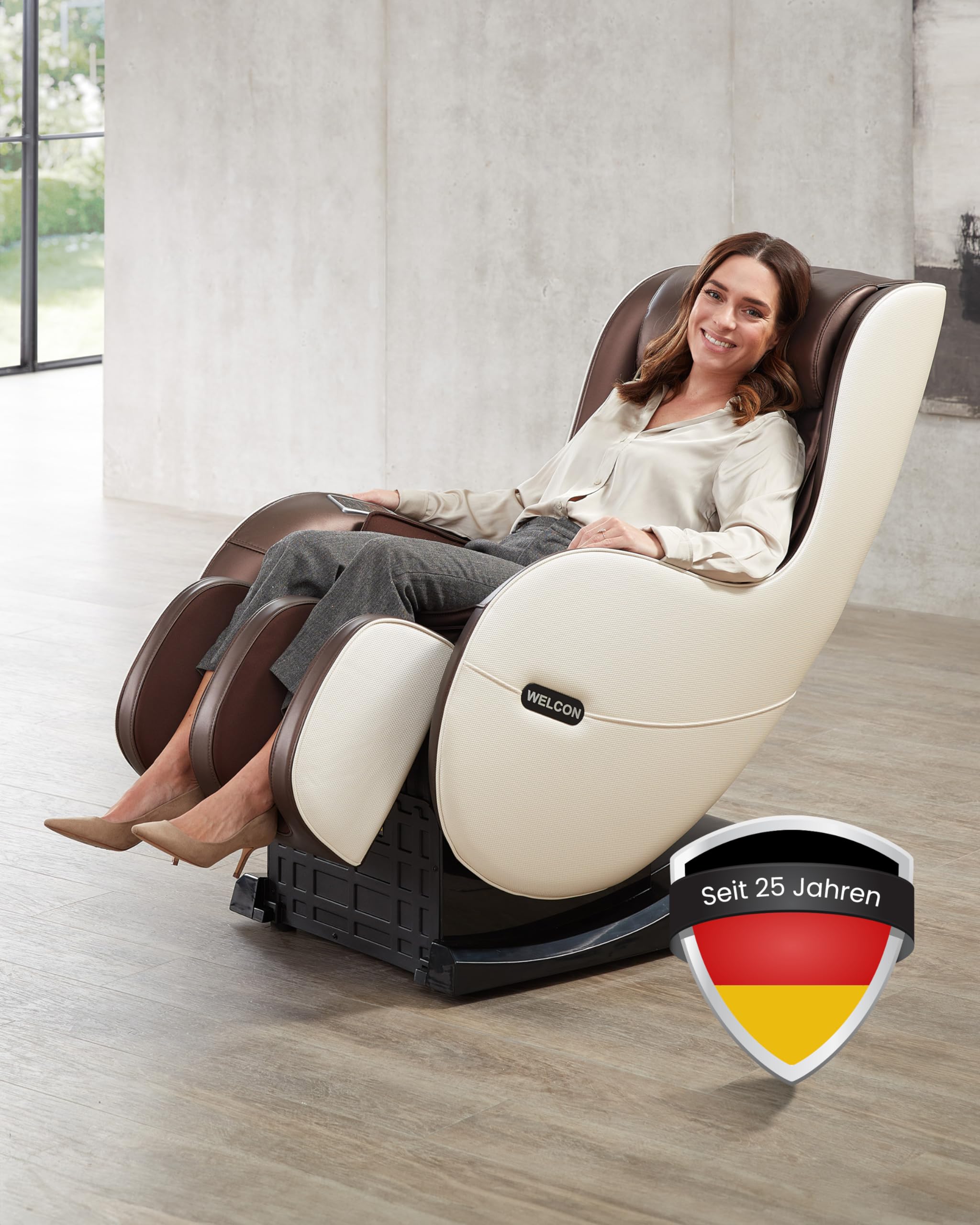WELCON EASYRELAXX Massagesessel elektrisch in Beige-Braun – L-Shape Relaxsessel mit Automatikprogrammen, Knetmassage & Klopfmassage, Ganzkörper-Massagestuhl für Zuhause