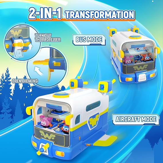 Super Wings Season 7 New Super Pets' Mini Base,Transforming Playset from Bus to Aircraft, with Super Pet Jett & Dizzy, Role Play Toys for Kids, Gifts for Girls Boys Age 3+