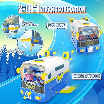 Super Wings Season 7 New Super Pets' Mini Base,Transforming Playset from Bus to Aircraft, with Super Pet Jett & Dizzy, Role Play Toys for Kids, Gifts for Girls Boys Age 3+