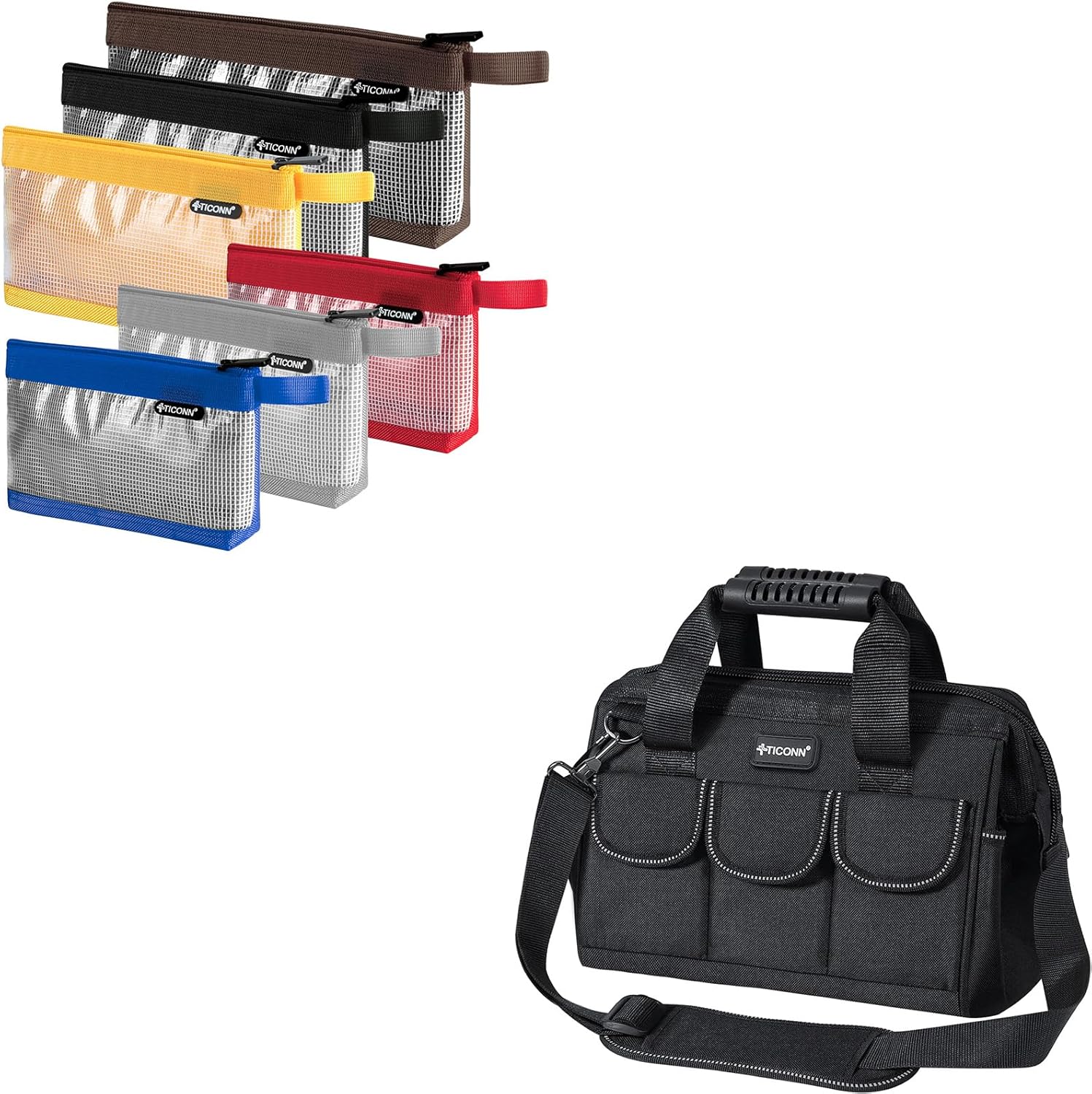 TICONN 6 Pack Combo Tool Pouch + 12in Tool Bag with Waterproof Soft Bottom