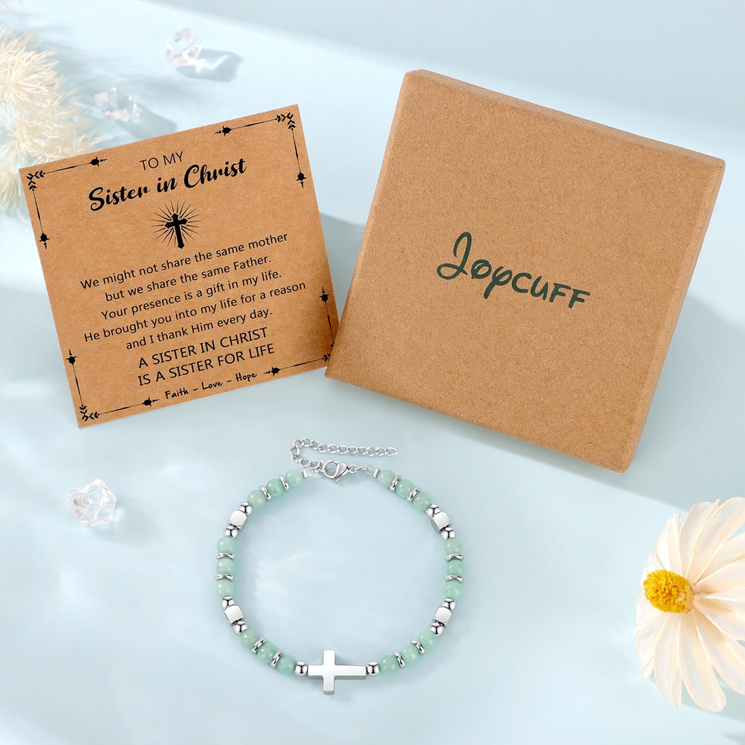 JoycuFF Christian Gifts for Women Cross Bracelet Faith Easter Catholic Religious Christian Jewelry, Meaningful Baptism Communion Natural Beads Bracelets - Image 7