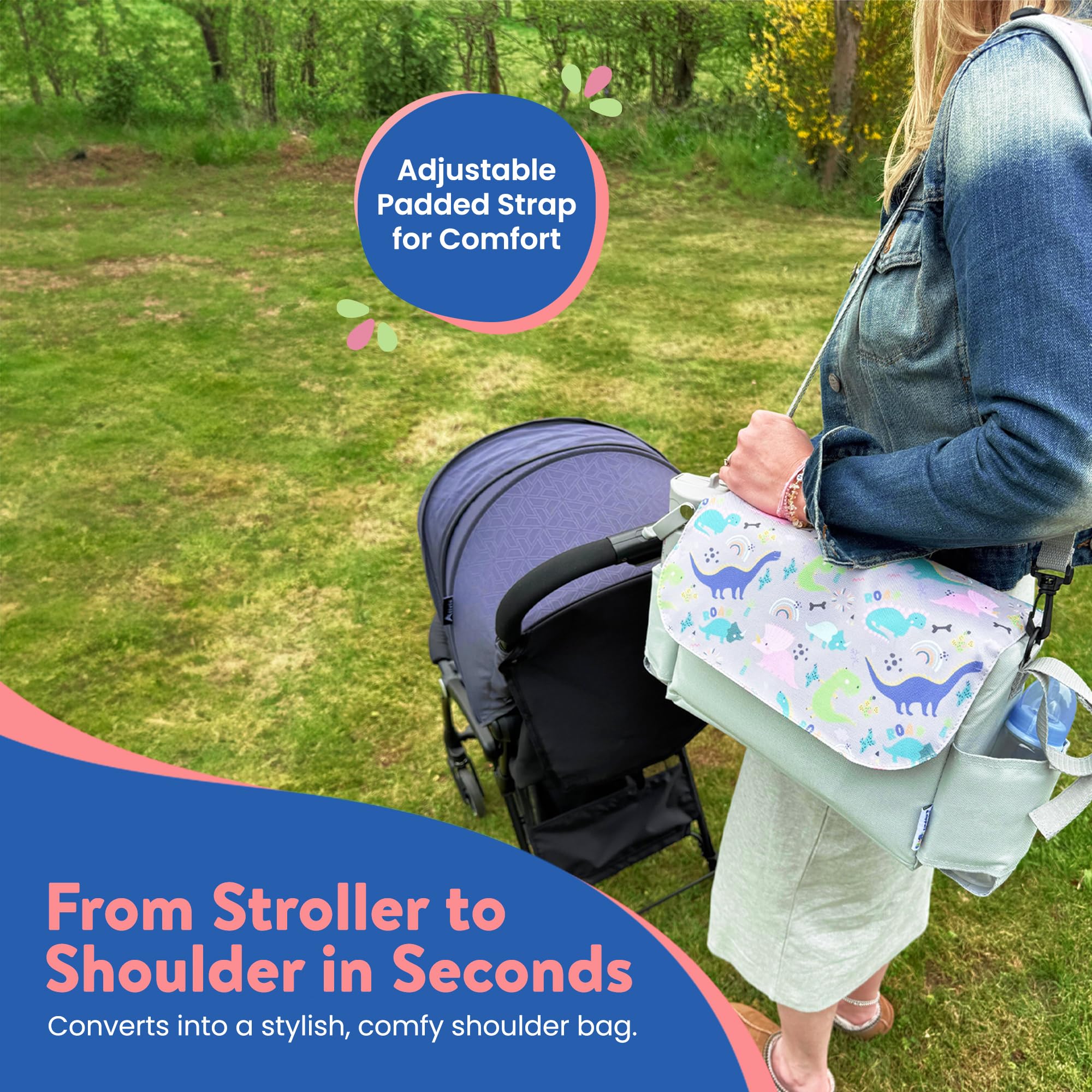 Tiddlers & Nippers Tiddler Sac de rangement universel pour poussette – Grande capacité avec 2 porte-gobelets et 2 compartiments (Dinky Dinos)