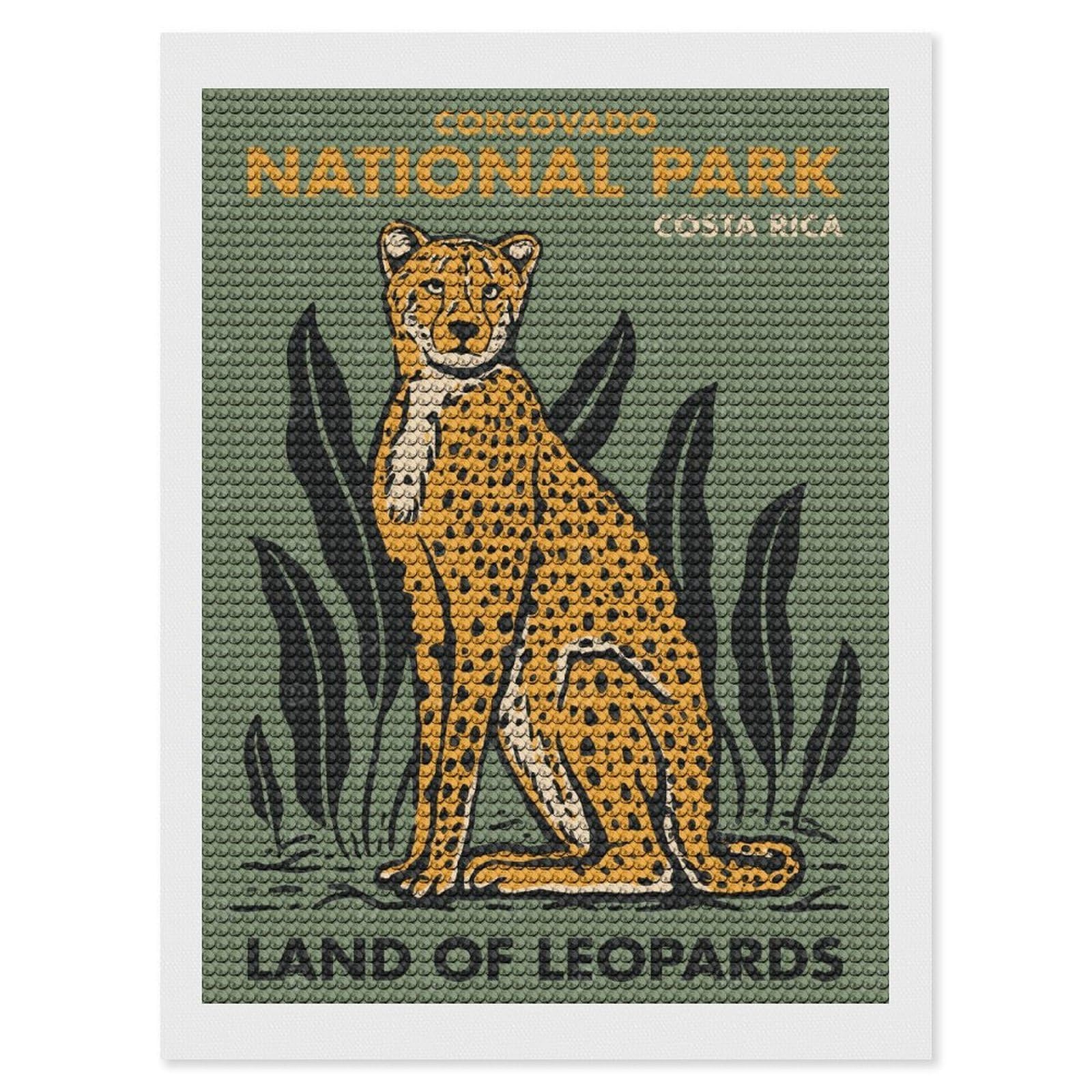 Junmoney Costa Rica Cheetah Park Diamond Painting Set 12"x16", Stress Relief Craft, Easy to Enjoy, Vintage Style Decor, Festive Craft Gift