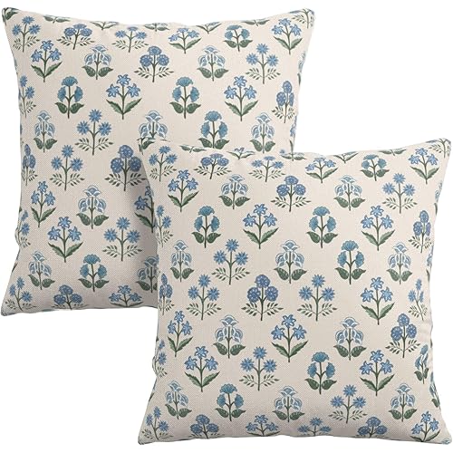 Floral Pillow Covers 18x18 Set of 2 Blue Green Block Print Throw Pillow Cases Vintage Flower Pattern Pillowcases Spring Summer Rustic Outdoor Cushion Covers for Farmhouse Sofa Couch Decor