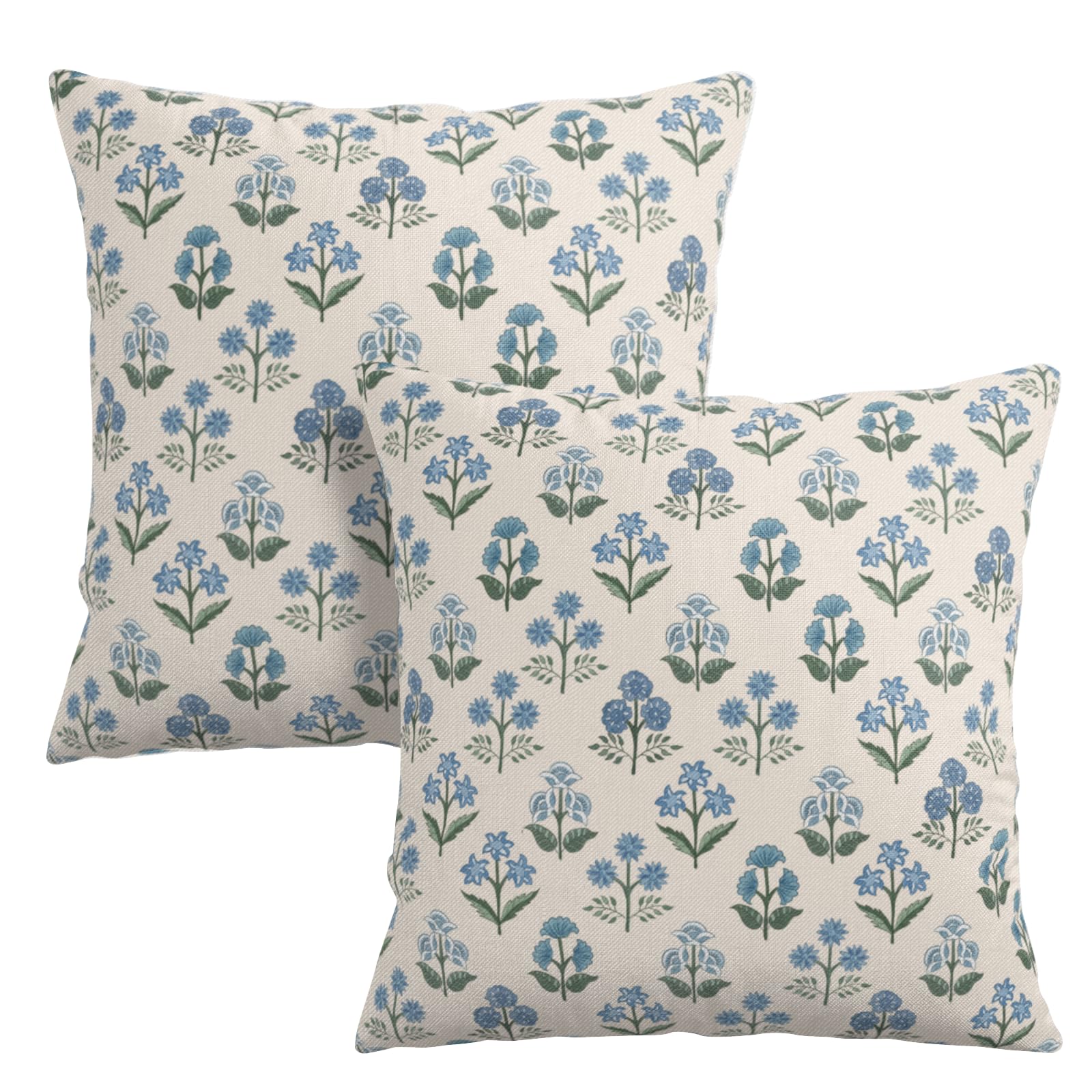 Wnoesat Floral Pillow Covers 20x20 Set of 2 Blue Green Block Print Throw Pillow Cases Vintage Flower Pattern Pillowcases Spring Summer Rustic Outdoor