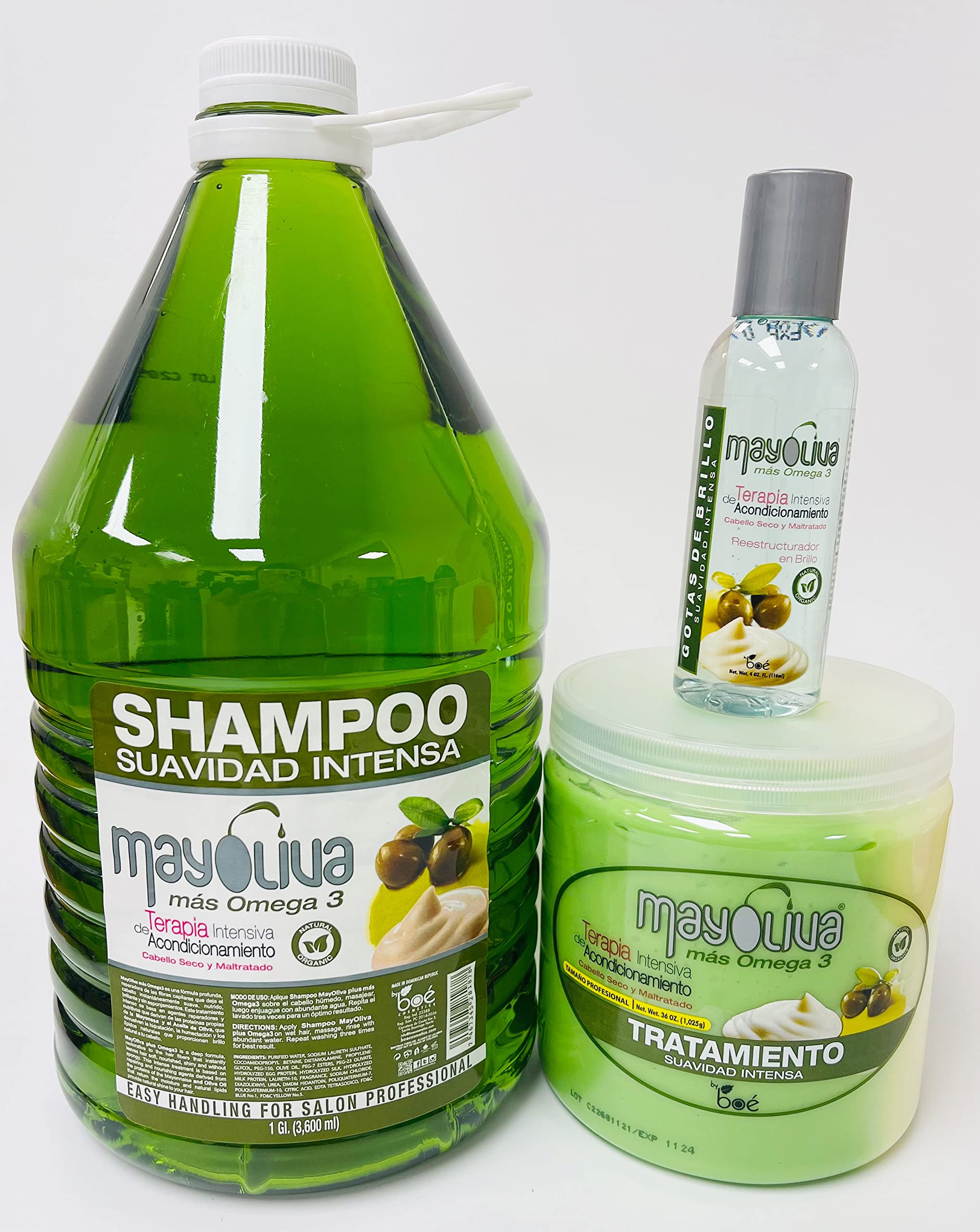 MayolivaShampoo 1 Gallon, Mayoliva Treatment 36 oz, Mayoliva Gotas De Brillo 4 oz Combo