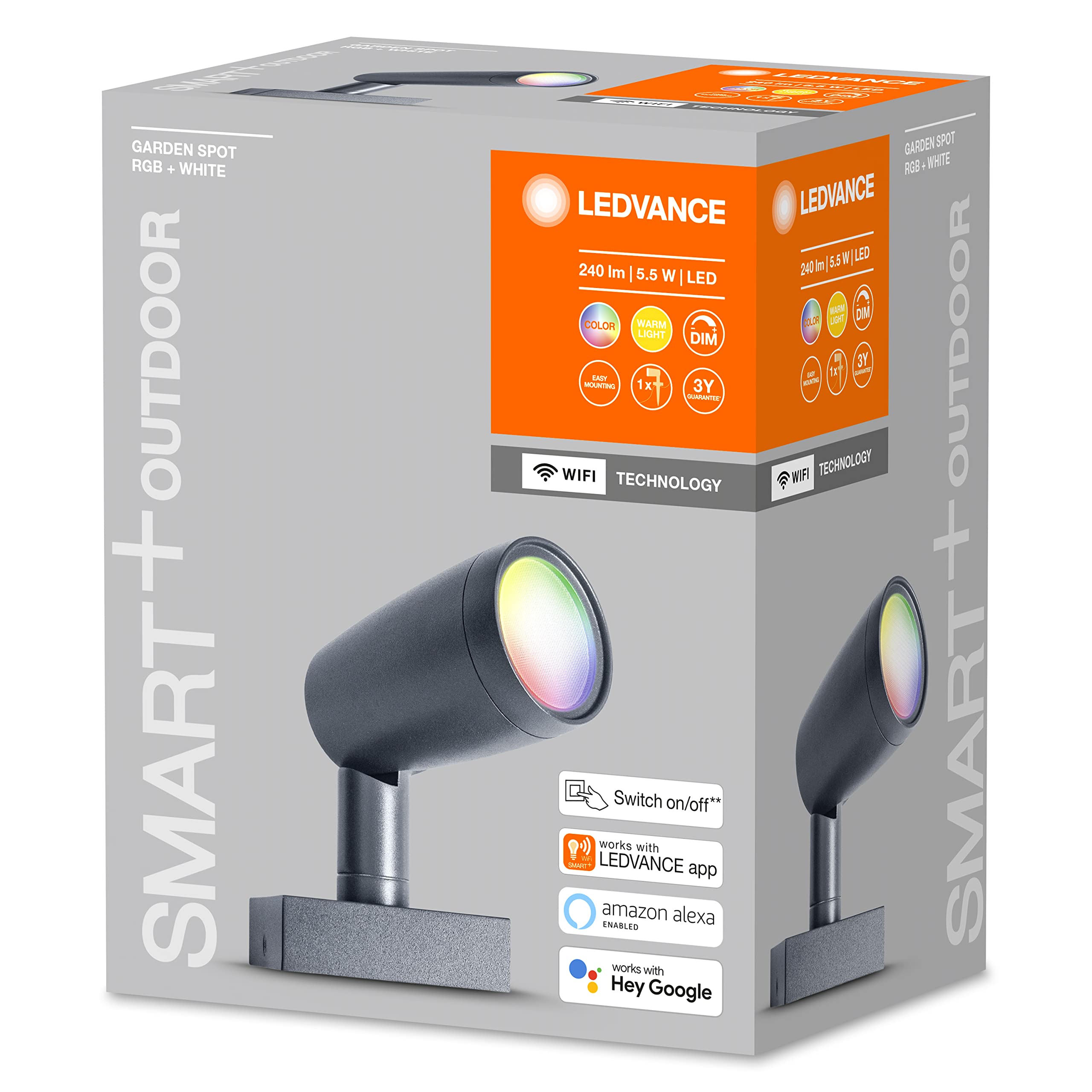LEDVANCE Luce da giardino a LED intelligente con tecnologia WiFi, pacchetto base con 1 faretto per esterno, colori RGB modificabili, compatibile con Google e Alexa, SMART+ WIFI GARDEN SPOT 1P