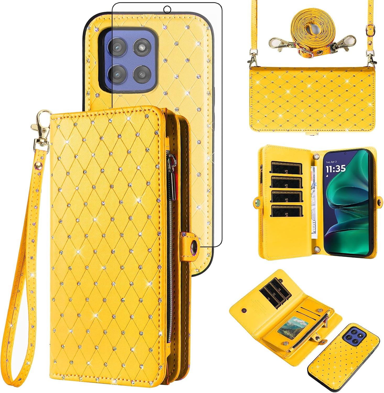 Asuwish Phone Case for Motorola Moto G Stylus 5G 2025 Zipper Detachable Wallet Cell Cover with Screen Protector Bling Crossbody Lanyard Strap Glitter Flip Card Holder Slot G5 Women Men Girls Black