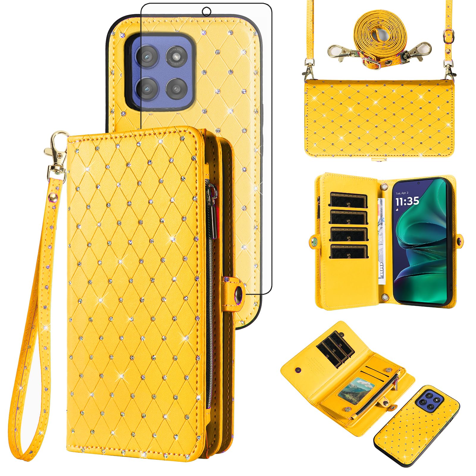 Asuwish Custodia per Motorola Moto G Stylus 5G 2025 con cerniera staccabile a portafoglio con pellicola protettiva per lo schermo Bling Crossbody cinturino glitter flip porta carte di credito slot G5