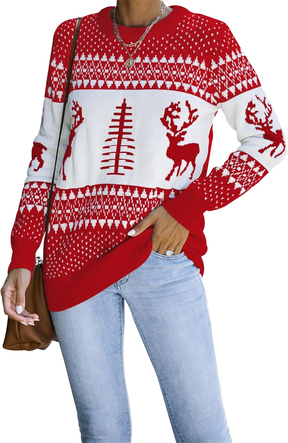 LookbookStore Women Ugly Christmas Tree Reindeer Holiday Knit Sweater Pullover