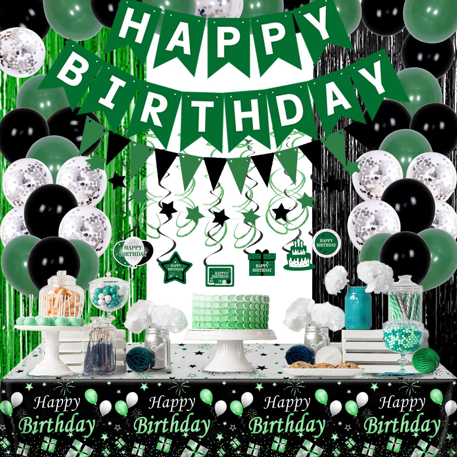 - Green and Black Party Decorations for Men Women, Green Birthday Decorations Happy Birthday Banner Bday Party Supplies with Tablecloth Foil Fringe Curtains Balloons Hanging Swirls Decor