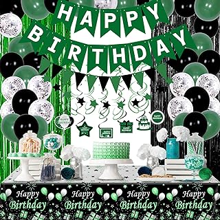 Green and Black Party Decorations for Men Women, Green Birthday Decorations for Boys Girls, 63pcs Happy Bday Party Supplies with Tablecloth Foil Fringe Curtains Balloons Hanging Swirls Decor