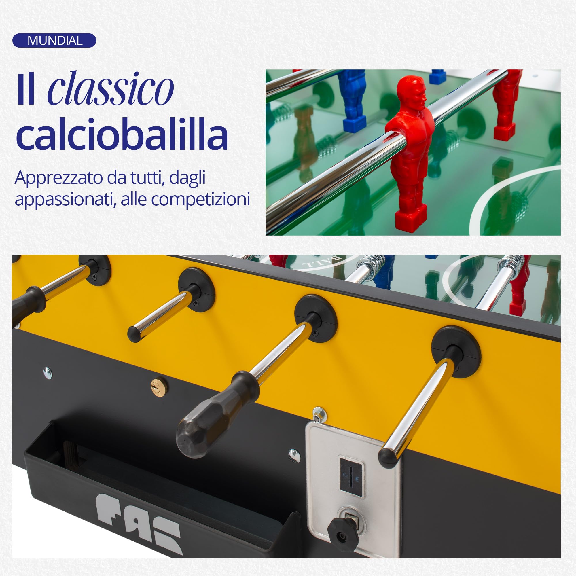 FAS PENDEZZA Calcio Balilla Mundial - Biliardino Professionale di Design, Uso interno, Campo in Vetro Temperato, Aste Passanti, Gettoniera 1€, Calcetto Balilla cm 146x78x76, Include 10 Palline