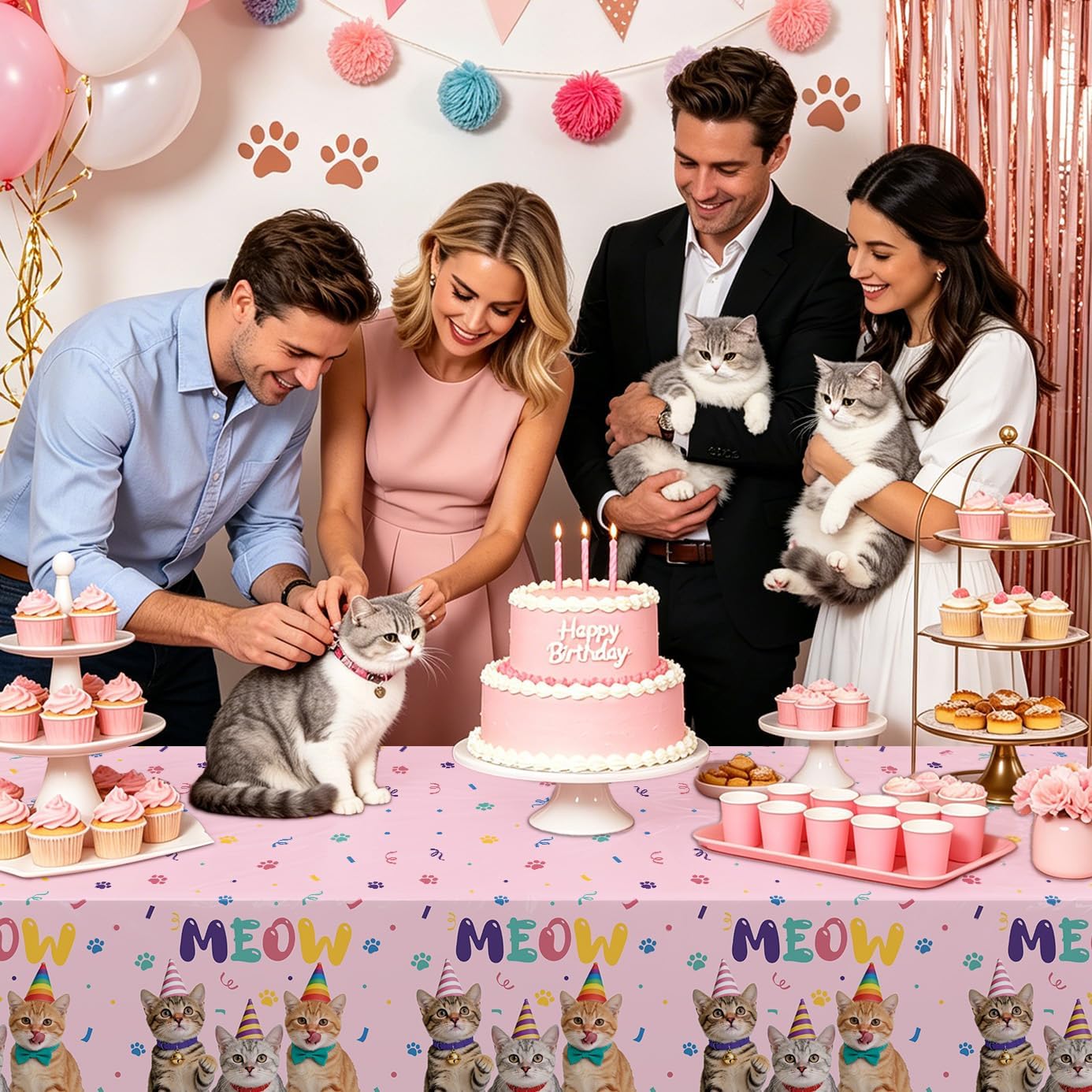 Obrusy na imprezę z kotem, wodoodporne, prostokątne, z motywem kota, dekoracje urodzinowe, 130 x 220 cm, różowe, 4 szt