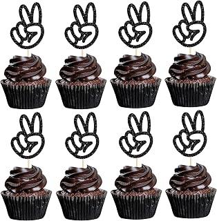 Gyufise 24Pcs Peace Sign Hand Cupcake Toppers Peacekeeper Cupcake Picks Black Glitter Peace Sign Cake Topper Hand Peace Sign Cake Decoration for 2nd Birthday Peace Themed Party Anniversary Supplies