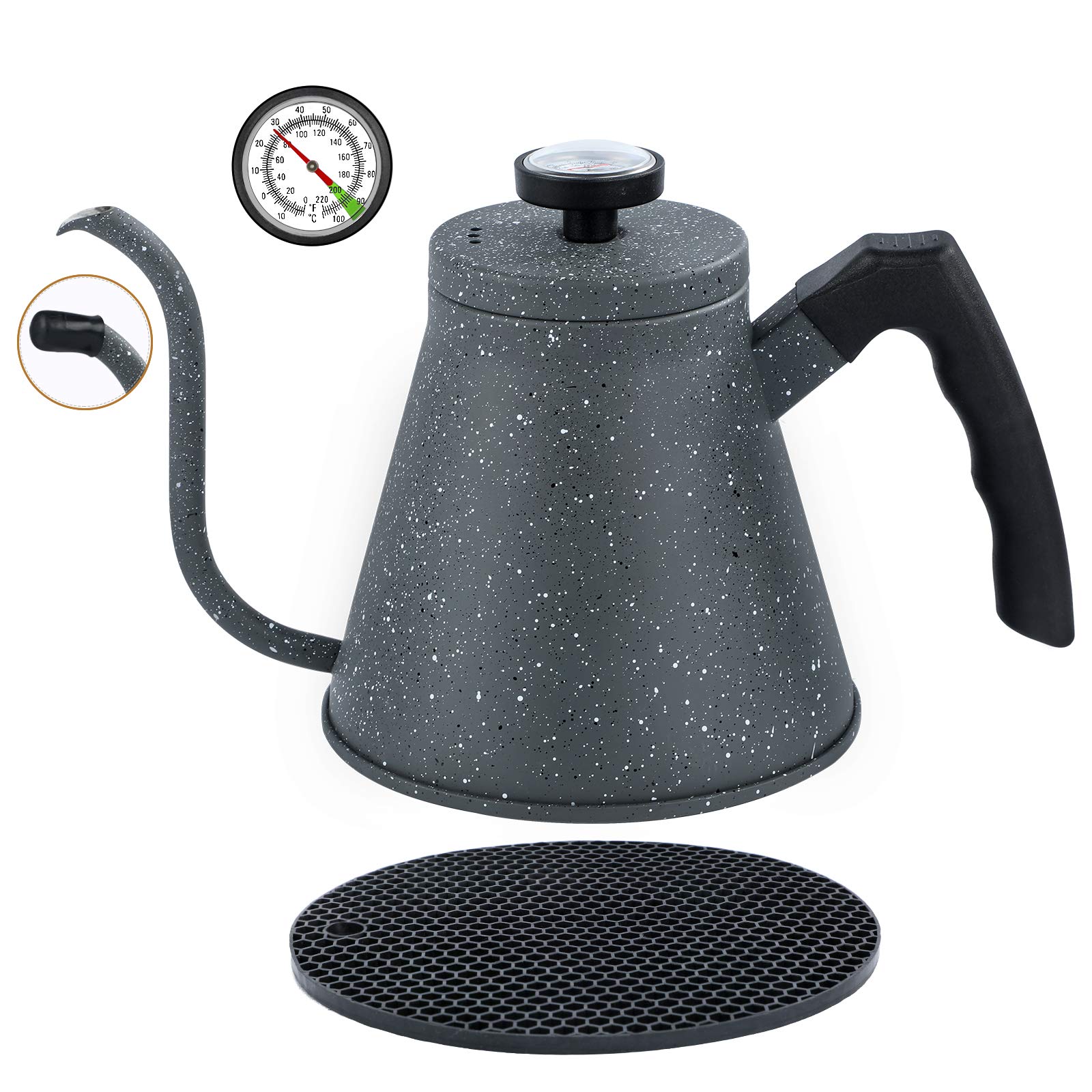 KOTEFFR Gooseneck Kettle for All Stovetops - 40oz/1.2L Coffee Pour Over With Optimal Spout and Built-In Thermometer - Premium Food Grade Stainless Steel for Health Protection