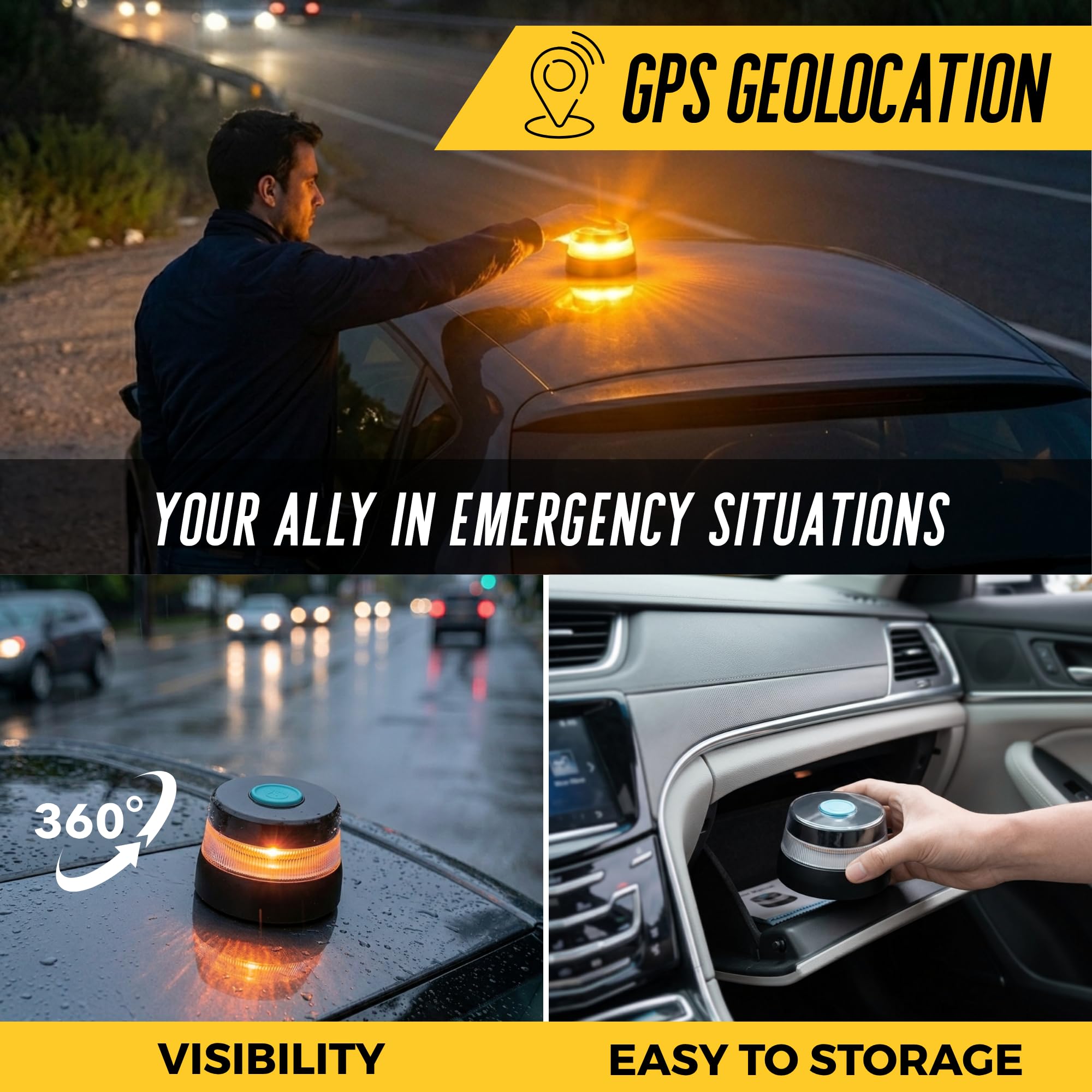 MAGIC SELECT 2x Luz de Emergencia V16 DGT 3.0 Homologada con Geolocalización para Señalización en Carretera, Coche y Moto, Luz Intermitente Naranja 360º, Base Imantada, Incluye 6 Pilas AA.