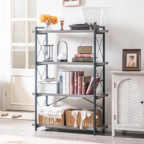 Miniatura 2 de HCHQHS Librería, estantería industrial de 4 niveles, estantería abierta rústica, estanterías altas independientes con marco de metal