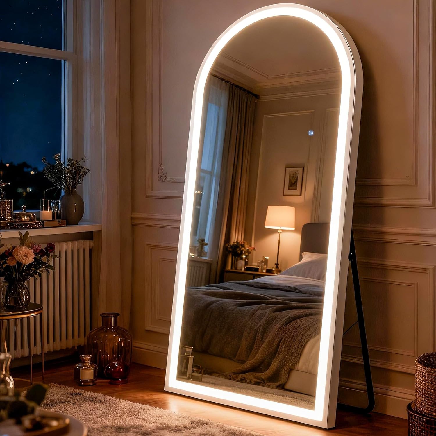 Riskioi 76"x34" LED Full Length Mirror – Arched Standing Floor Mirror with Dimmable Lights 3 Color Modes – Adjustable Brightness, Wall-Mount or Lean for Barber, Fitness Center, Dressing Room, Vanity