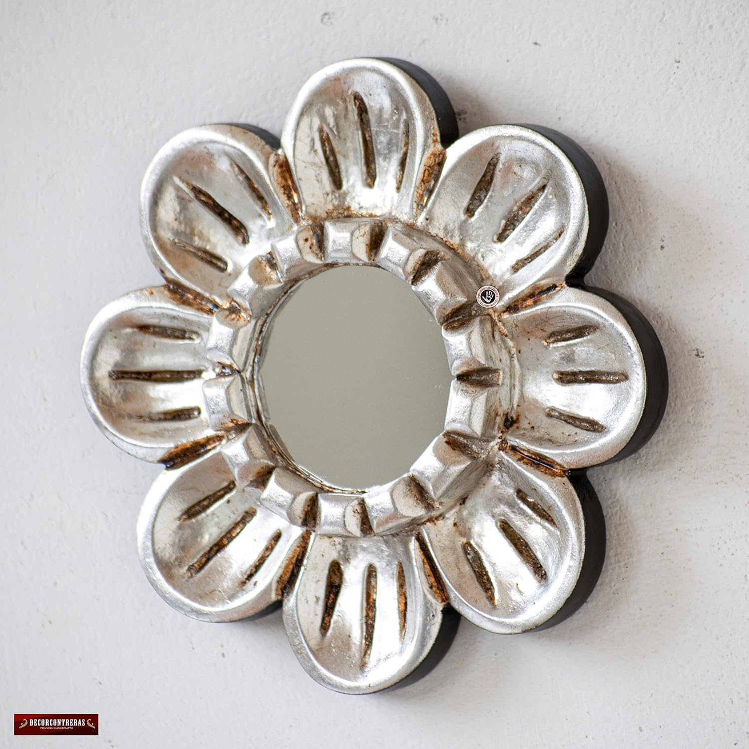 Small Decorative Silver Round Mirror 6in for Wall Decor | Peruvian Hand-Carved Wood Mirror Wall Art Home Decor | Unique Gift for Women