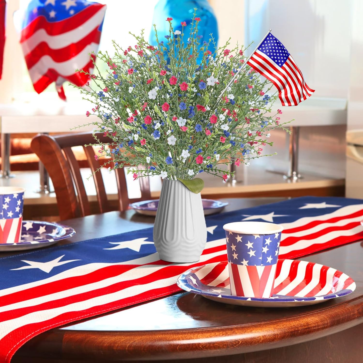 4th of July Artificial Red White Blue Flowers, Patriotic Flowers Independence Day Fake Wildflowers for Home Decor Indoor, Kitchen Table Centerpiece, Wedding, Party Decoration