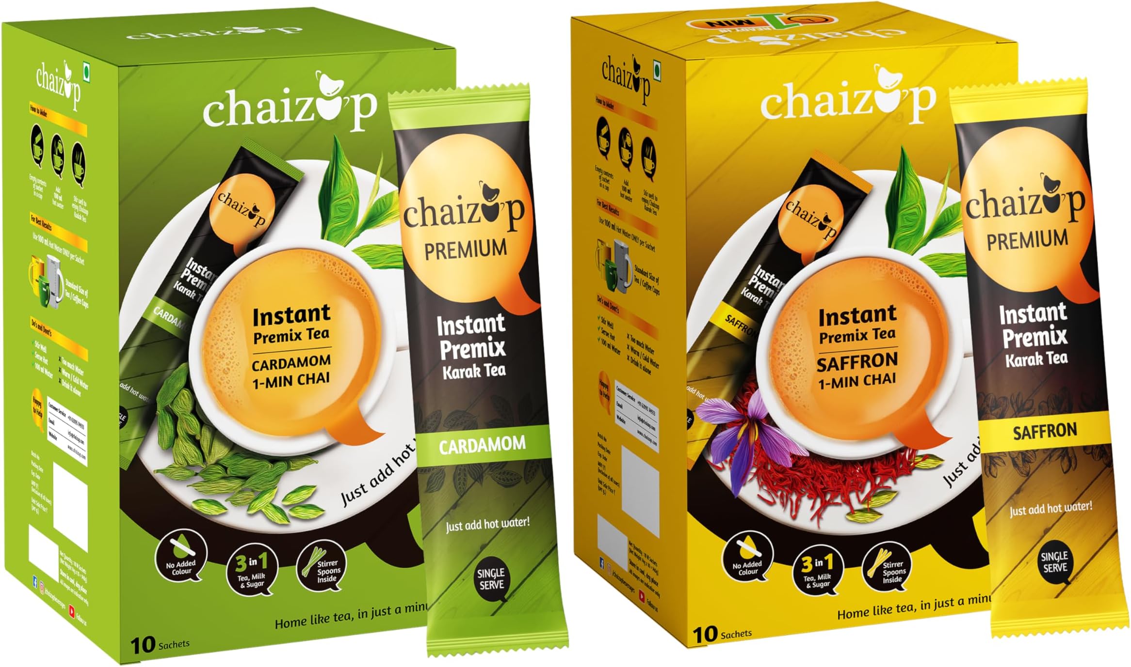 Chaizup Premium 1 Min Instant Assorted Tea Pack - 20 Sachets | Cardamom & Saffron Flavours | 20 Servings | 2 Packs (10 Flavours Each) | 280g