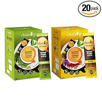 Chaizup Premium 1 Min Instant Assorted Tea Pack - 20 Sachets | Cardamom & Saffron Flavours | 20 Servings | 2 Packs (10 Flavours Each) | 280g - image, photos