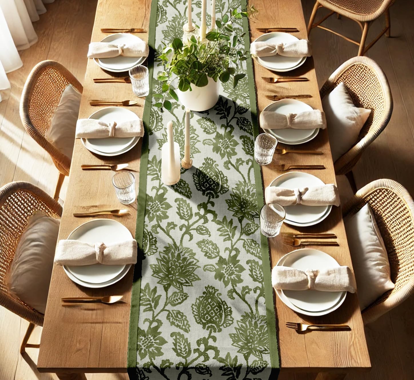 Handcrafted Double Layer Cotton Table Runner - Vargottam Fabric Table Linen with Border - Machine Washable, Stylish Runner for Dining & Console Tables - Floral