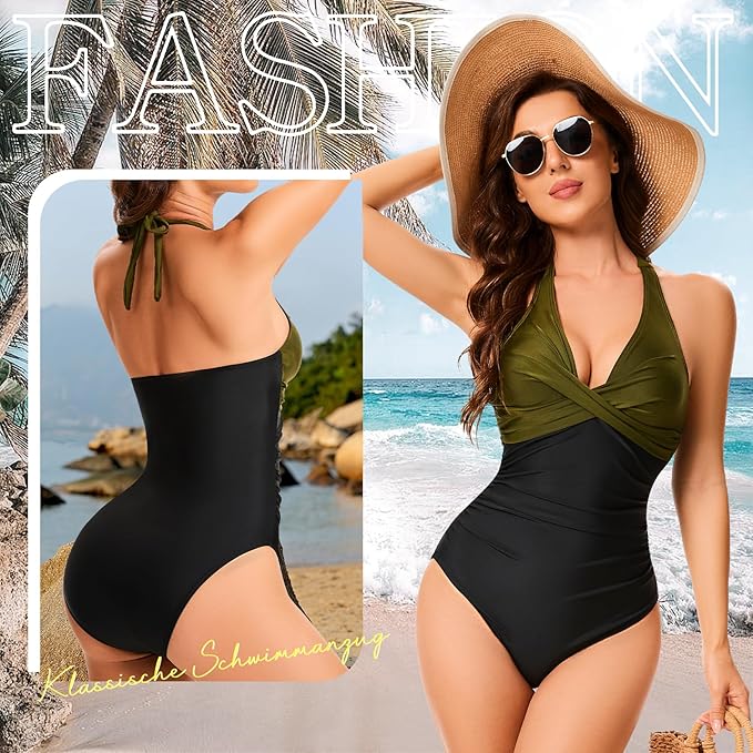 ONEW Badpak voor dames, buikweg, eendelig, badmode, nekhouder, rugvrij, strandmode, zwempak, V-hals, push-up, eendelig badpak met borstvullingen, Donker groen zwart, XL ONEW Badpak voor dames, buikweg, eendelig, badmode, nekhouder, rugvrij, strandmode, zwempak, V-hals, push-up, eendelig badpak met borstvullingen, Donker groen zwart, XL