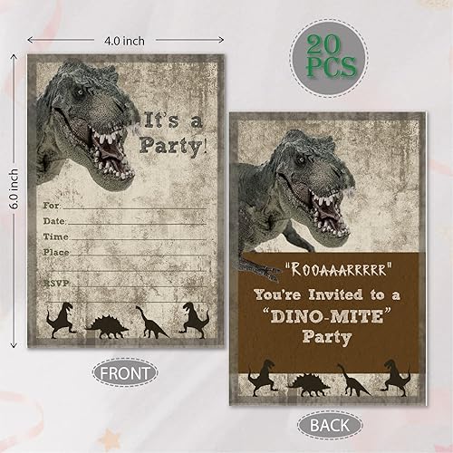 Miniatura 5 de VNWEK T-Rex - Invitaciones de fiesta de cumpleaños de dinosaurio para niños con sobres, con temática de dinosaurio, tarjetas de invitación de
