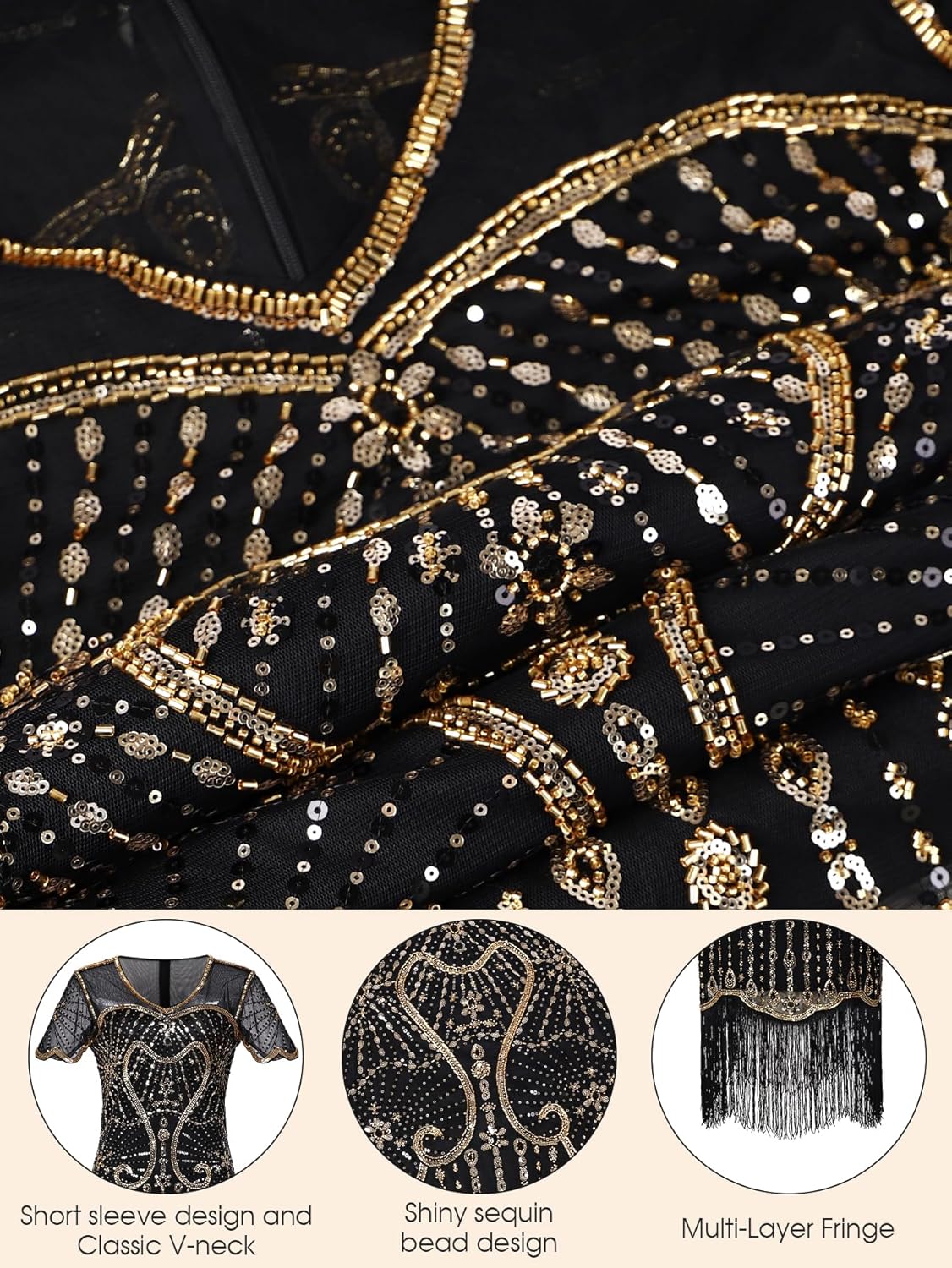 1920s Flapper Dresses for Women,Sheer Beaded Sleeves Great Gatsby Dresses Roaring 20s Dresses Costumes with Accessories - Image 5
