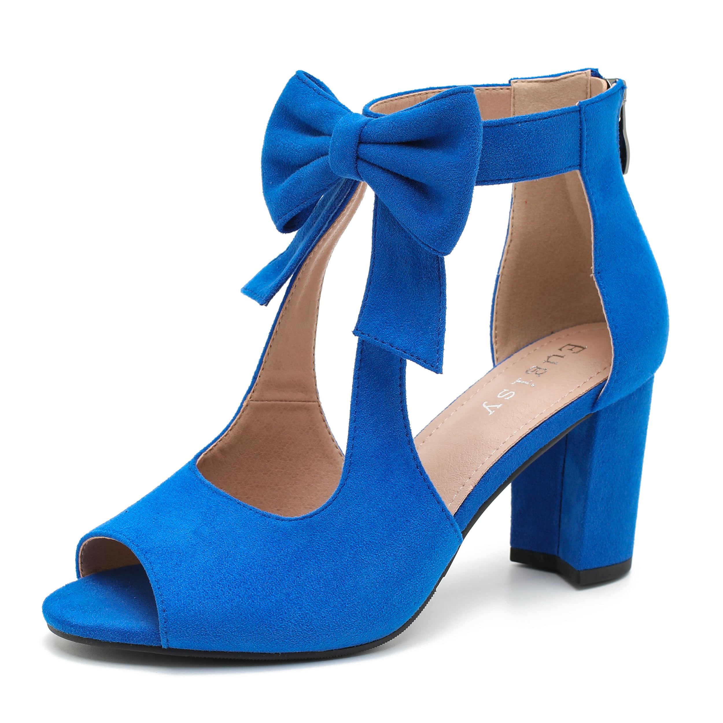 Eugisy Women's Bows Strappy Sandals Open Toe Chunky High Heels Sandals Ankle Strap Dressy Pumps Back Zip Cutout Heeled Summer Party Sandals