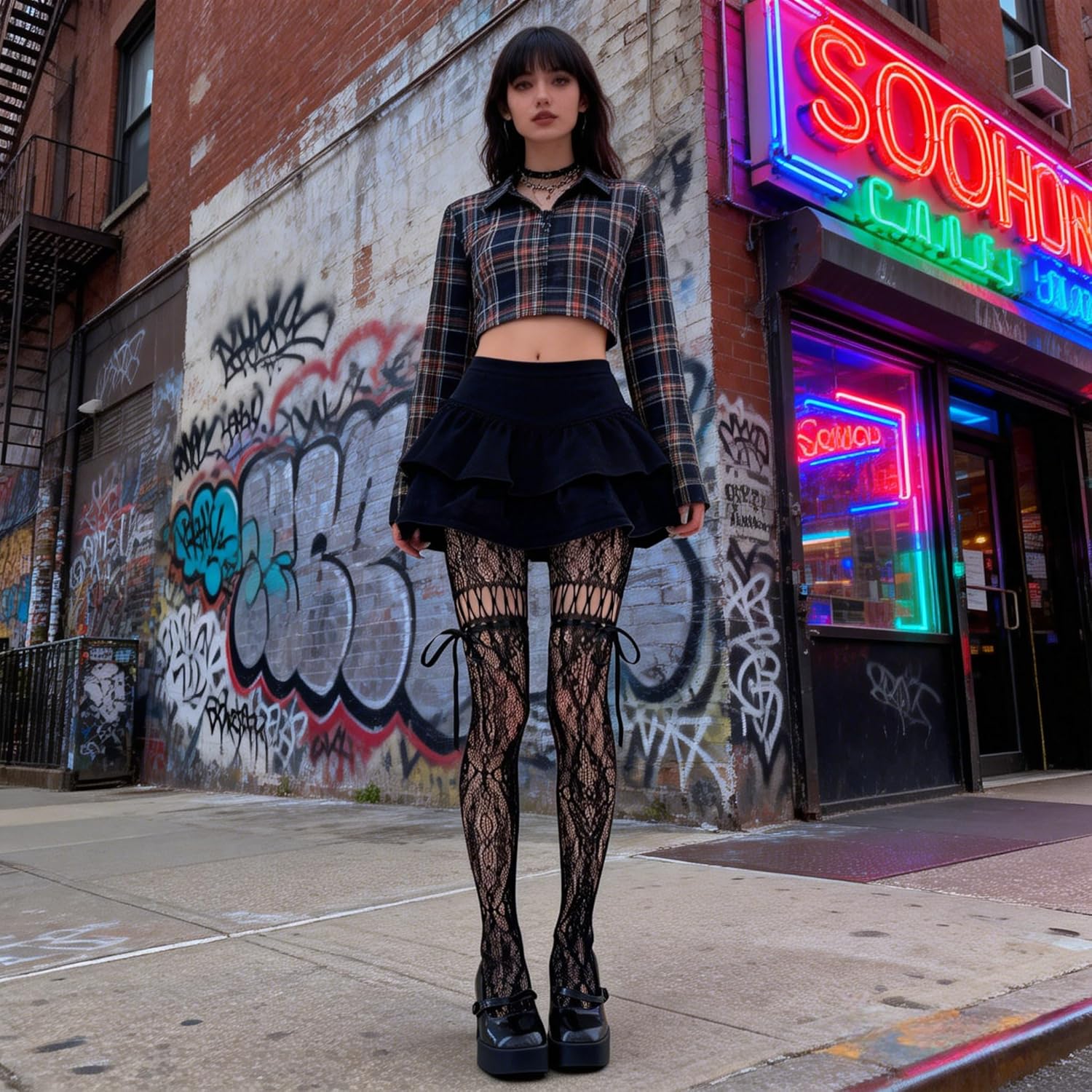 FEOYA Women's Lace Tights Y2K Floral Patterned High Stockings Stretchable Hollow Sexy Goth Fishnet Pantyhose - Image 3