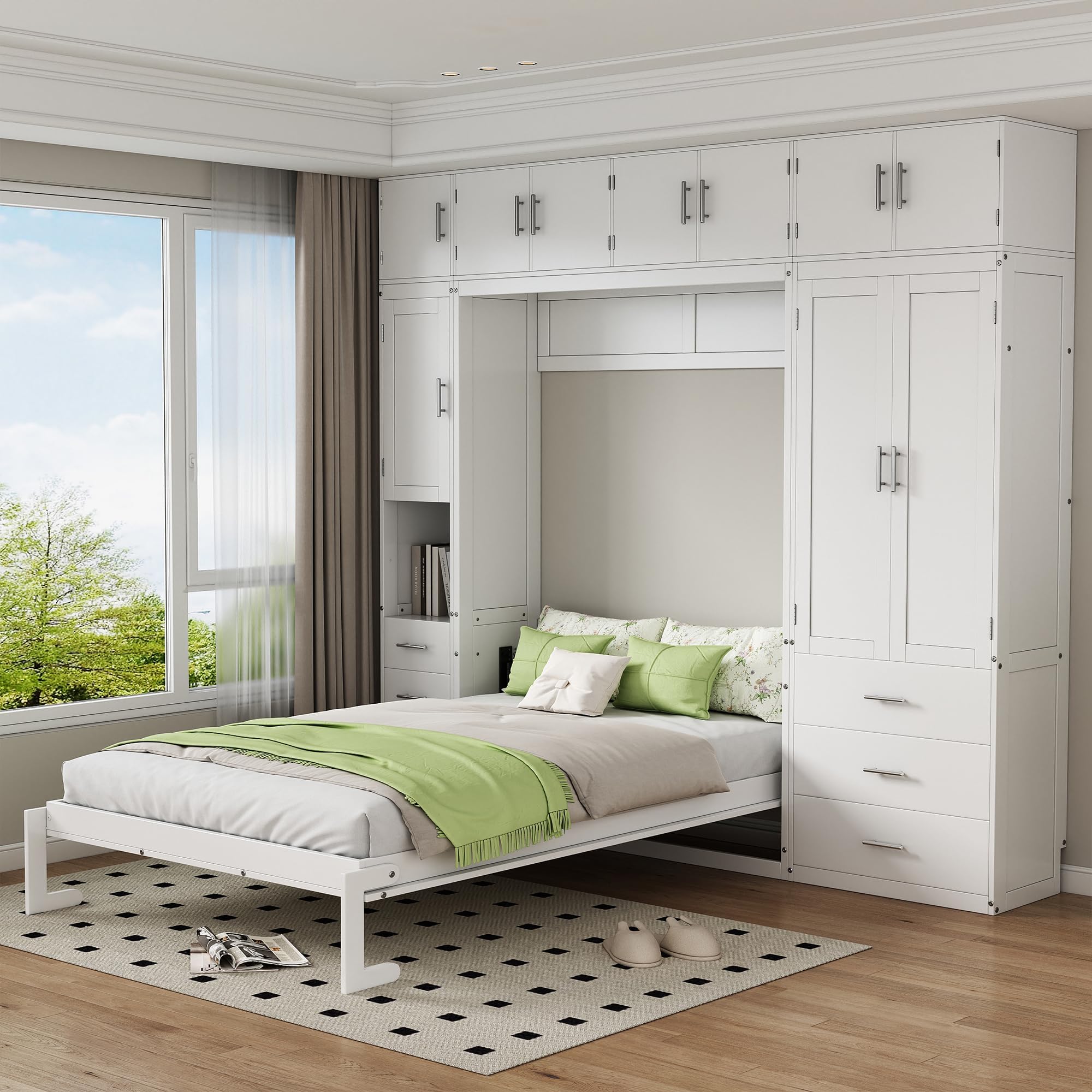 YOPTO Full Size Murphy Bed Cabinet with Lockers and Wardrobes,Folding Wall Bed Chest W/Drawers & Solid Frame,Space-Saving Hidden Platform Bed for Bedroom,Guest Room,Home,Office,White