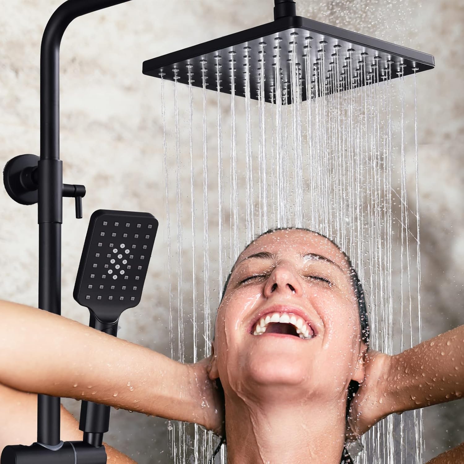 Outdoor Shower Faucet Set 8" Square Shower Head 3 Function Thermostatic Rainfall Shower Fixtures, Handheld Sprayer Tub Spout with Constant Temperature with Height Adjustable Slide Bar
