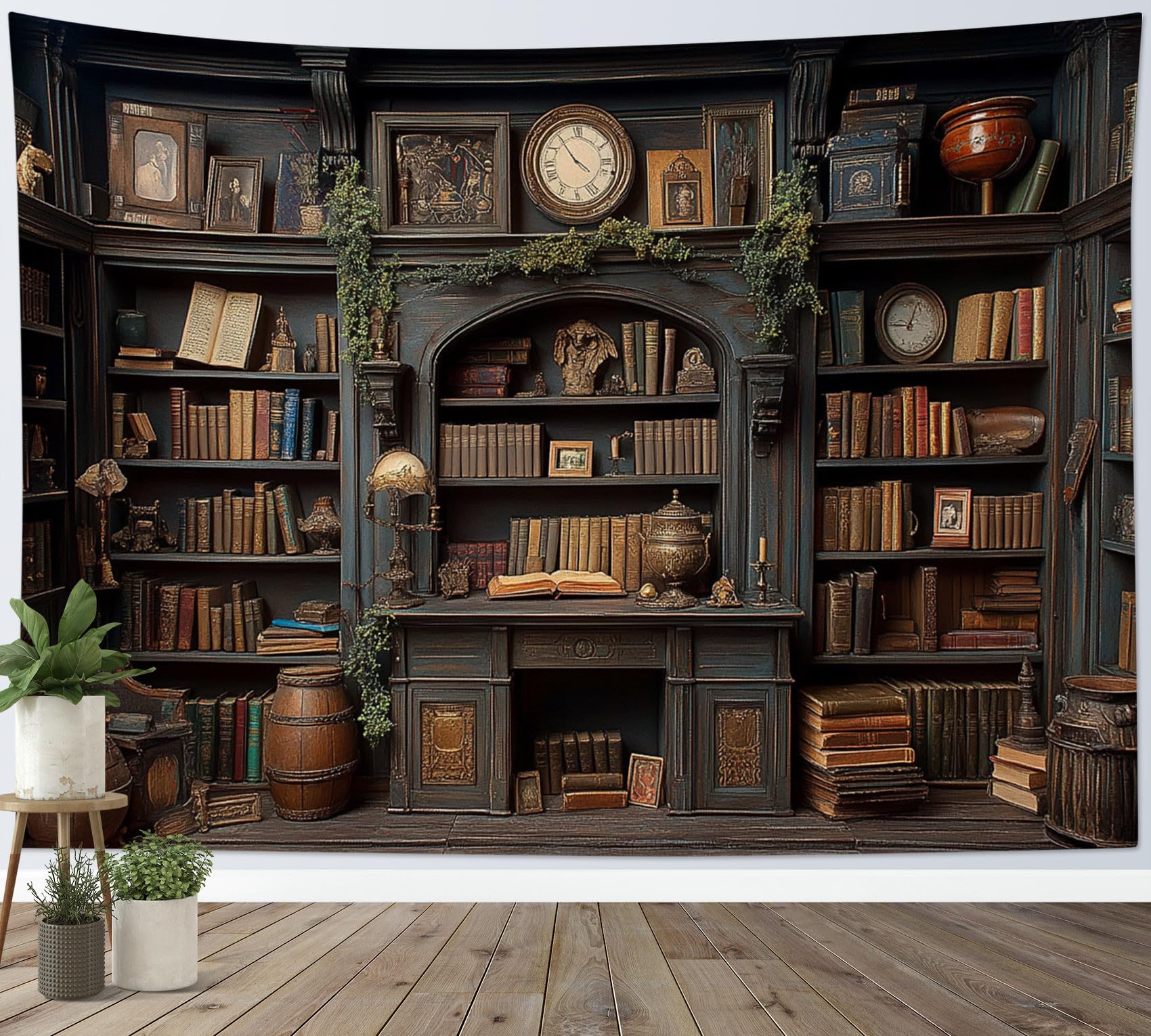 LB Vintage Bookshelf Tapestry Brown Books on Retro Shelf with Plants Tapestry Wall Hanging Witchy Library Tapestries for Living Room Bedroom Dorm Wall Decor,78x59 inch — image 1