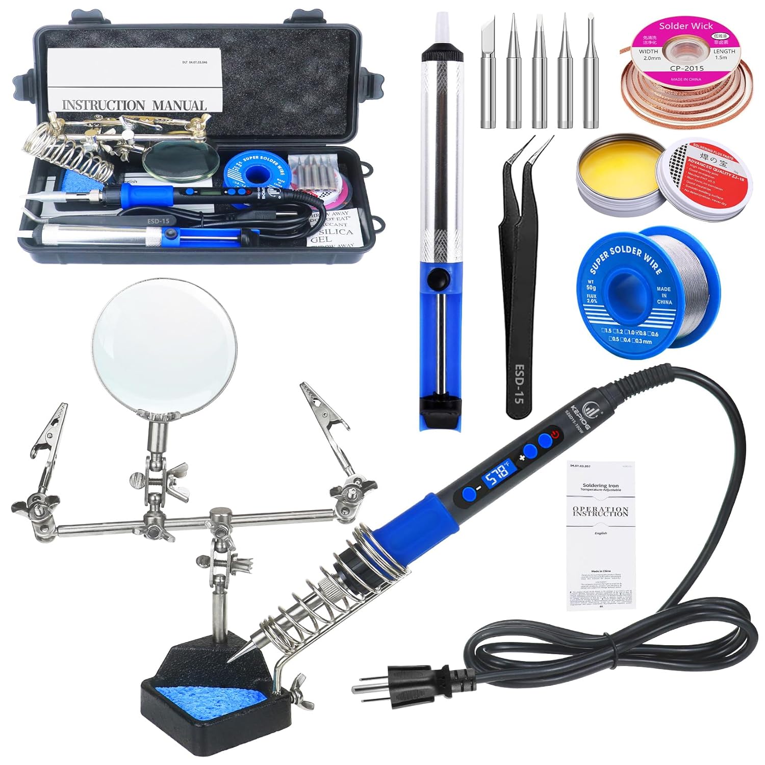 Soldering Iron Kit 100W High-Power LCD Digital Soldering Iron Circuit Board Repair Soldering Kit with Magnifying Glass Helping