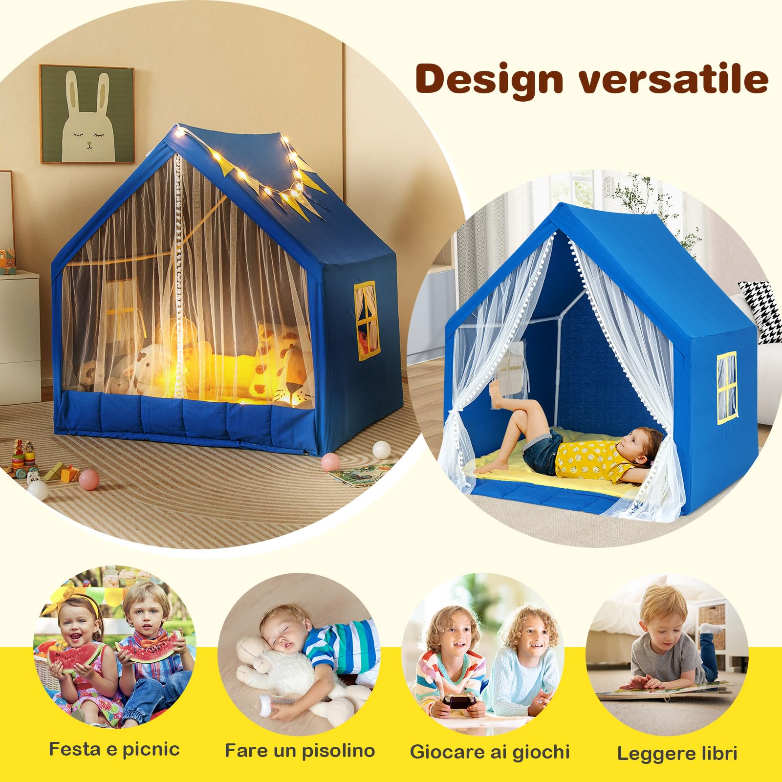 COSTWAY Tenda da Gioco per Bambini, Casetta per Bambini con Tappeto in Cotone Lavabile Luci Stellari e Finestre, Tenda del Castello, 122x105x125 cm (Blu)