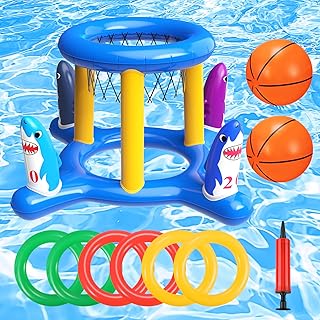 2-in-1 Pool Toys Games Set, Inflatable Pool Basketball Hoop & Ring Toss Game, Summer Pool Floats Water Toys for Kids Adult...
